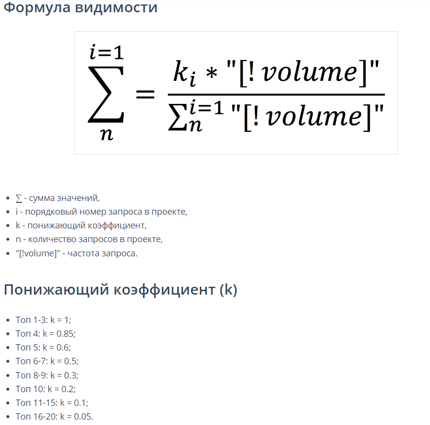 Формула расчета видимости в сервисе Topvizor